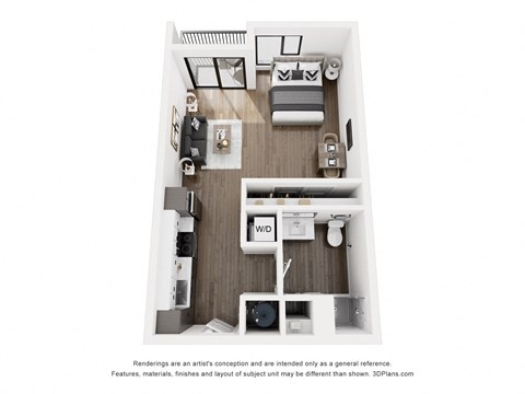 Floor plan for studio, 1 bath, 523 sqft